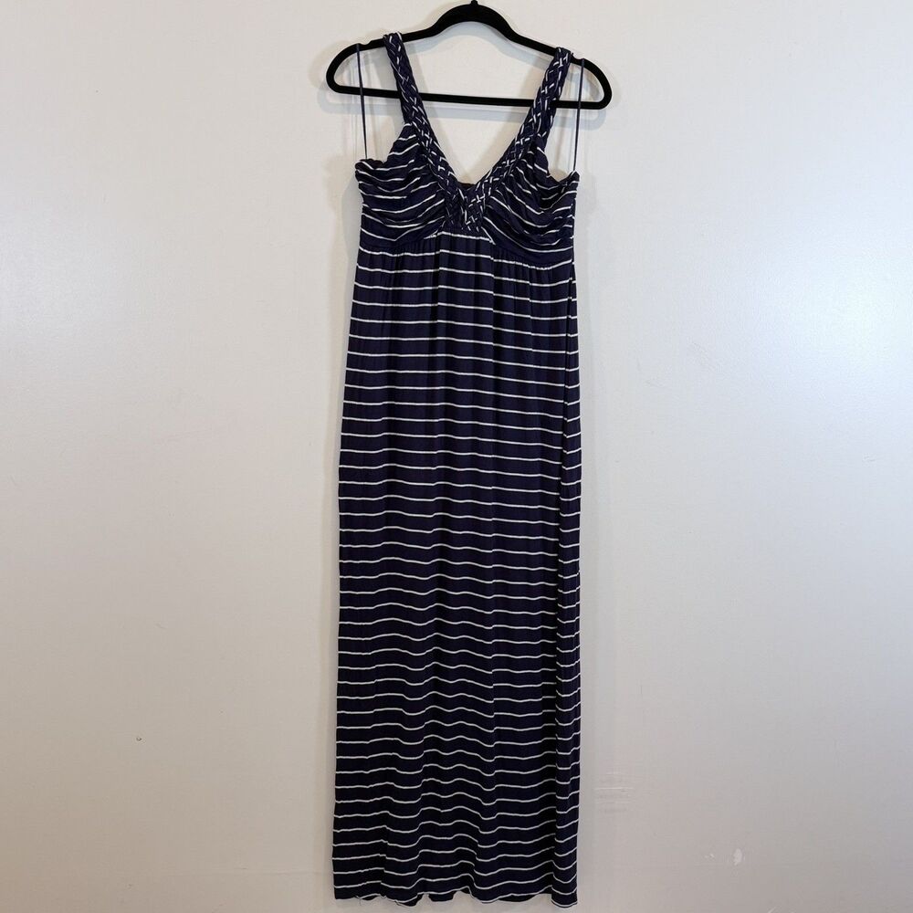 Design History Maxi Dress Braided Strap V-Neck Navy Blue White Stripe Knit M